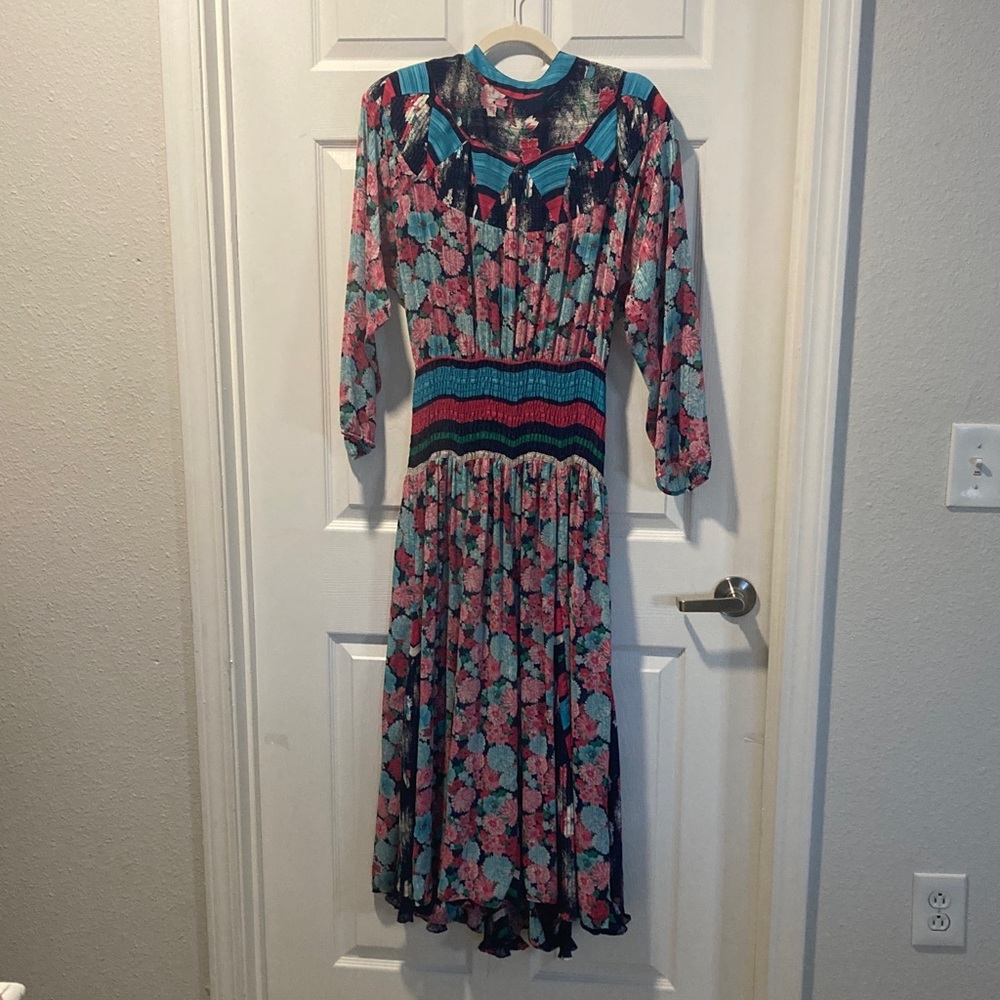 Vintage 80s Diane Fres Georgette Floral Abstract Chiffon Dress m/l